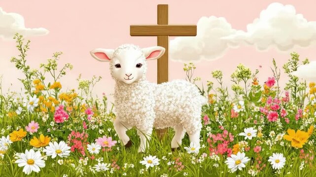 Cute lamb in flowering meadow with wooden cross and fluffy clouds. Easter, Pascha, Paskha, Ostern, Pascua, Paques - Orthodox and Catholic Holiday celebration