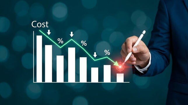 Business professional analyzing cost reduction trends with financial growth chart and percentage icons