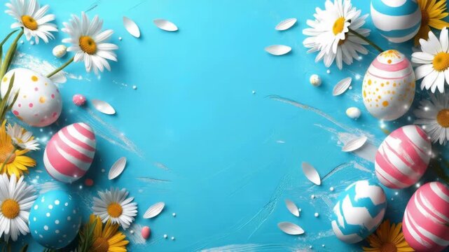 Colorful easter eggs and daisies on bright blue background with white decorations. Easter, Pascha, Paskha, Ostern, Pascua, Paques - Orthodox and Catholic Holiday celebration
