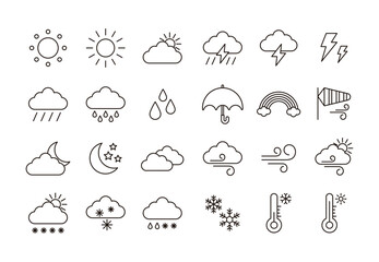 Obraz premium Set of weather icons in thin line art style. Minimalist vector illustration of meteorological symbols including sun, clouds, rain, snow, lightning, and temperature for mobile apps and web design.