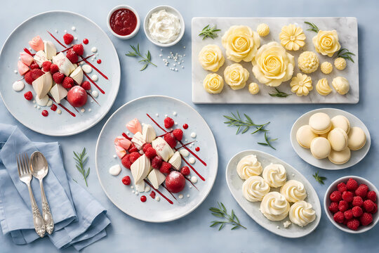 Top-down flat lay of a luxurious wedding buffet. Dominant color is soft blue (Cloud Dancer 11-4201 TCX). Focus on sculptural food textures: geometric desserts, artisanal butter flowers. Editorial, int