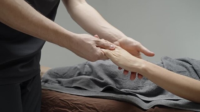 Close-up therapeutic forearm and hand massage with wrist mobilization by a therapist on a covered client on a massage table, emphasizing relaxation and manual care