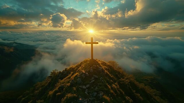 Sunset over mountain with cross under illuminated clouds. Easter, Pascha, Paskha, Ostern, Pascua, Paques - Orthodox and Catholic Holiday celebration