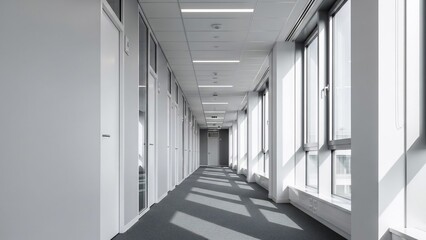 Fototapeta premium Long, empty office corridor with natural light streaming through large windows, creating a bright and modern workspace atmosphere.