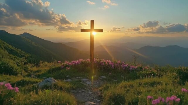 Sunset cross in mountain landscape with pink flowers and clouds. Easter, Pascha, Paskha, Ostern, Pascua, Paques - Orthodox and Catholic Holiday celebration