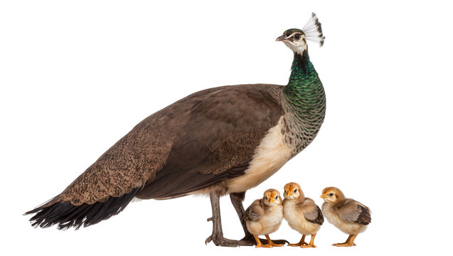 Adult peahen with her three young peachicks, showcasing natural maternal bond, isolated on transparent background, detailed studio shot PNG