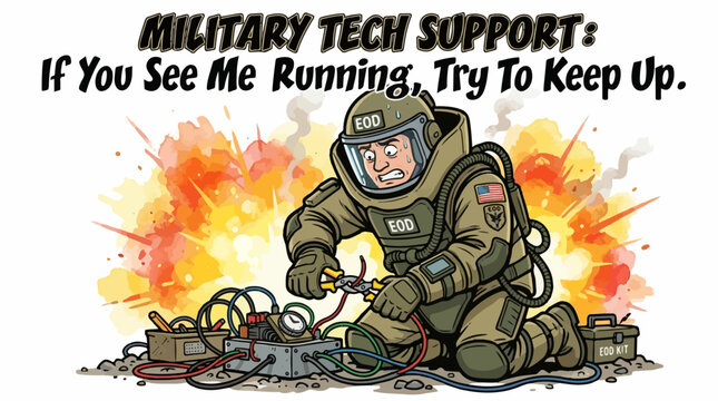 Military Tech Support Funny EOD Bomb Squad Illustration - If You See Me Running Try To Keep Up - Humorous Soldier Graphic