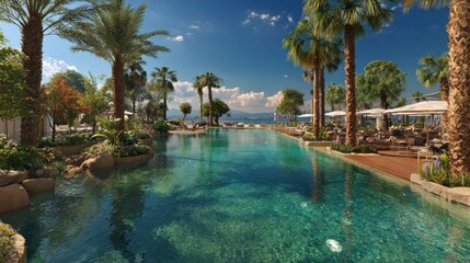 Obraz premium Paradiesische Poollandschaft umrahmt von Palmen â€“ tropische Urlaubsstimmung
