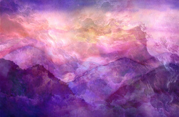Mixed Media Aquarel and Digital Landscape, Mountain Range bathing in Ethereal Light. Not AI generated. © Vida Canaria
