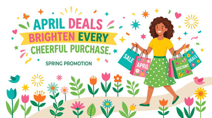 Obraz premium Cheerful Woman Shopping with April Deals