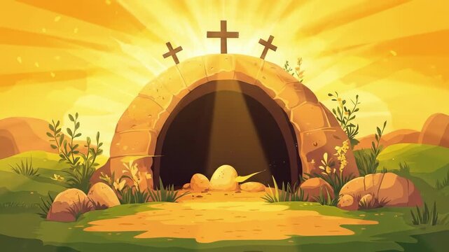 Ancient stone tomb with three crosses on hill during sunrise. Easter, Pascha, Paskha, Ostern, Pascua, Paques - Orthodox and Catholic Holiday celebration