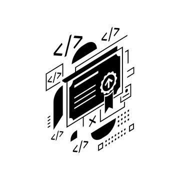 Isometric illustration of a computer screen with code brackets and a refresh symbol