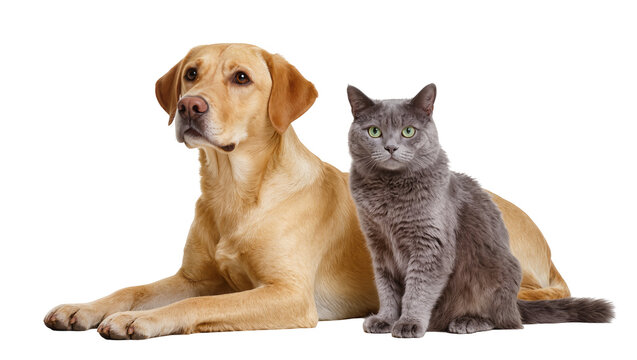 Adorable yellow Labrador dog and a sleek grey cat, companion animals posing together, isolated on a clean studio backdrop, perfect for pet-related designs, high-resolution PNG