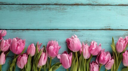 Pink tulip border on turquoise vintage wood with generous copy space for text