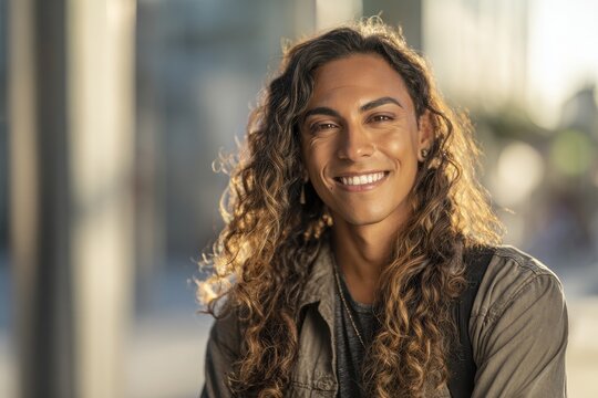 Portrait of a happy transgender man with long hair and makeup in casual clothing