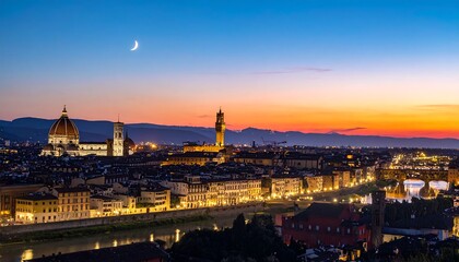 Obraz premium Italian city skyline at dusk with moon and vibrant sunset