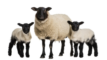 Fototapeta premium Adult sheep with two adorable lambs standing together, isolated on transparent background PNG, farm animal family portrait