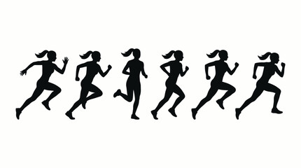 Fototapeta premium Six black silhouettes of women running in various stages of motion on a white background, depicting athletic activity and movement.