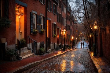 Fototapeta premium Quiet Cobblestone Lane on Beacon Hill: Red Brick Facades, Wrought-Iron Railings, and Evening Light