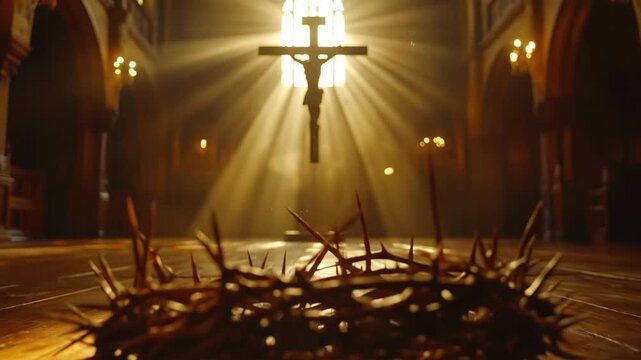 Crown of thorns in sunlit church with crucifix silhouette. Easter, Pascha, Paskha, Ostern, Pascua, Paques - Orthodox and Catholic Holiday celebration