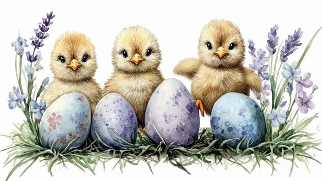 Adorable chicks and speckled easter eggs among lavender blooms. Easter, Pascha, Paskha, Ostern, Pascua, Paques - Orthodox and Catholic Holiday celebration