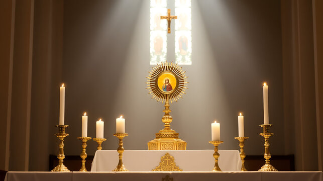 Blessed Communion Sacrament: Monstrance with Holy Eucharist on Altar with Candlelight.