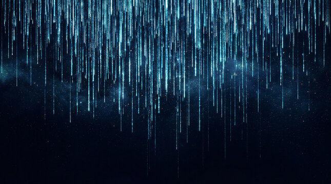 Glowing blue raindrops falling against a dark background