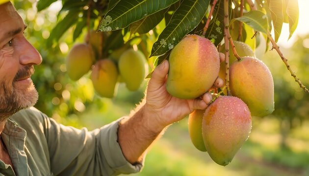 mango fruit on tree with hand harvesting fresh produce