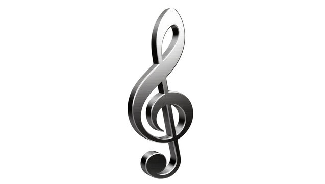 Shiny metallic brushed silver treble clef, a musical symbol rendered in 3D, isolated PNG for music-themed designs on transparent background