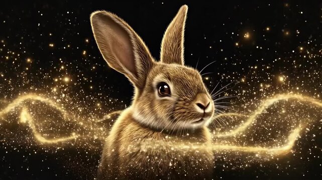 Golden bunny with sparkling light effects on black background. Easter, Pascha, Paskha, Ostern, Pascua, Paques - Orthodox and Catholic Holiday celebration