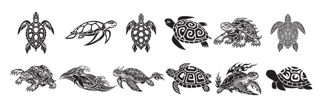 Tribal turtle silhouettes collection, sea turtle ornamental shapes set, marine animal vector illustration bundle.