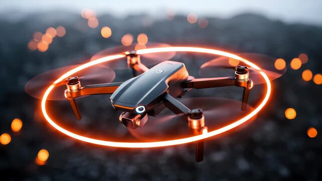 Futuristic drone flying at night with glowing propellers and hovering effect