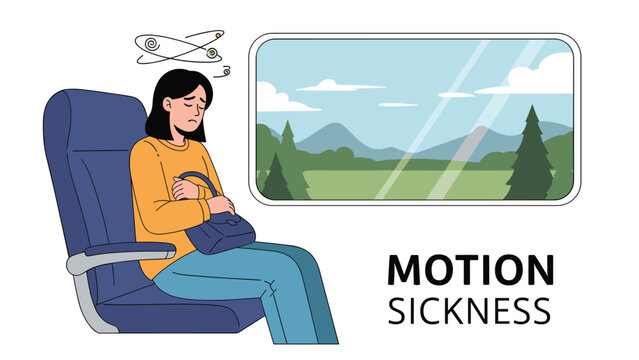 Nauseous woman sits in a train or bus seat feeling dizzy from motion sickness while looking out the window at the passing green landscape.