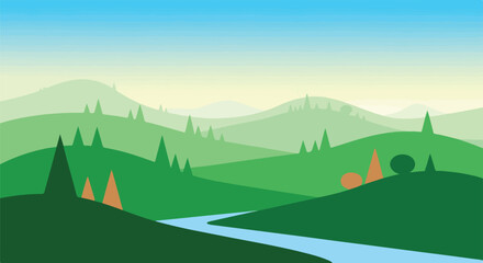 A layered landscape design featuring green hills, trees, and sky © Itachi