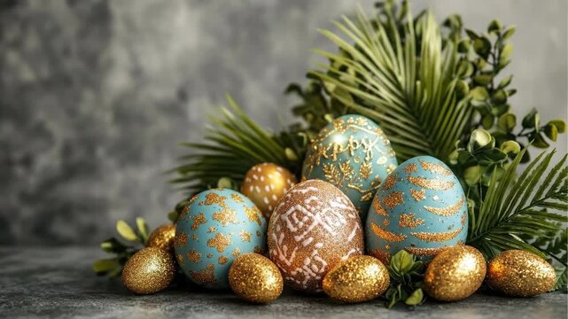 Decorative easter eggs with gold glitter and tropical leaves arrangement. Easter, Pascha, Paskha, Ostern, Pascua, Paques - Orthodox and Catholic Holiday celebration