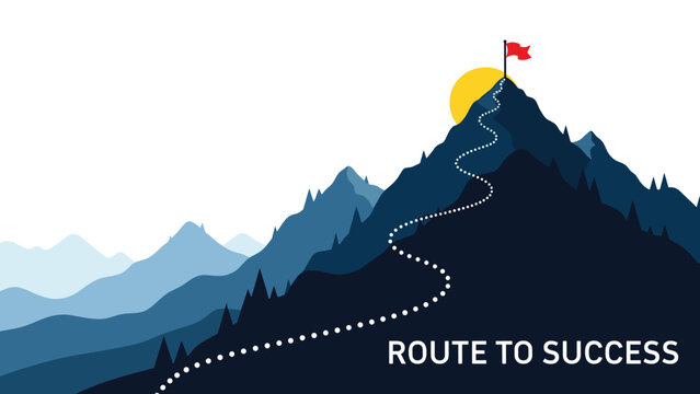 Winding dotted path leads through high mountains towards the peak where a red flag stands against the rising sun as a route to success.