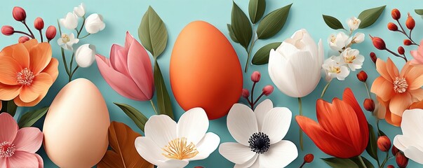 Fototapeta premium Easter eggs and spring flowers on a light blue background with pastel floral arrangement