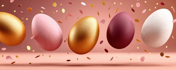 Fototapeta premium Colorful Easter eggs floating with gold accents and pink confetti for spring celebration