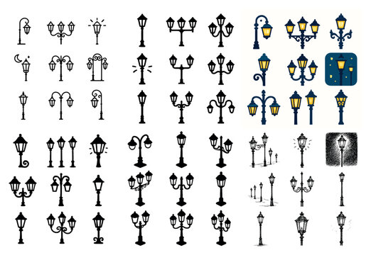 Street icons with lamp post lantern vintage