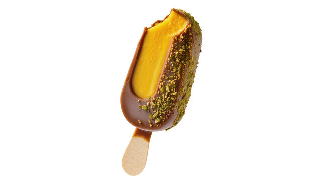 Bitten mango ice cream bar, coated in rich chocolate and crunchy pistachios, isolated on a transparent background, a delightful frozen summer treat PNG