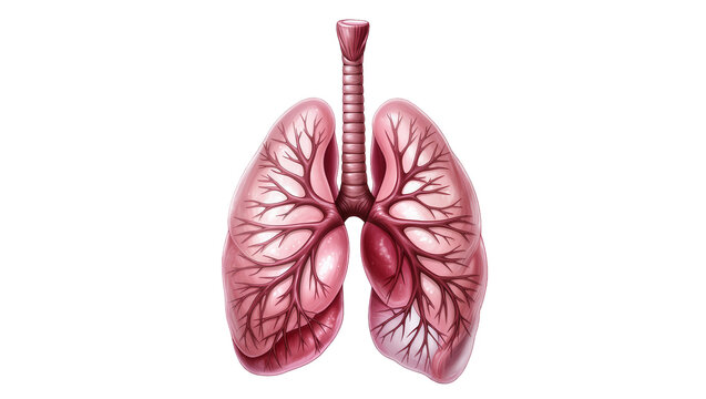 Detailed anatomical representation of healthy human lungs with trachea and bronchi, isolated PNG on transparent background, essential medical education resource