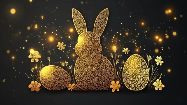 Golden geometric easter bunny and eggs amidst glowing flowers on dark background. Easter, Pascha, Paskha, Ostern, Pascua, Paques - Orthodox and Catholic Holiday celebration