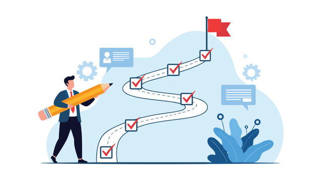 Ambitious businessman marking a winding path with checkmarks using a giant pencil toward a red goal flag success.