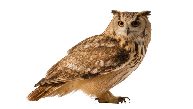 Majestic Eurasian eagle-owl with piercing orange eyes, standing gracefully, isolated on transparent background, a powerful nocturnal bird of prey PNG