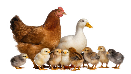 A brown hen, a white duck, and a charming group of fluffy chicks standing together isolated, perfect for farm animal and poultry designs © Ozols
