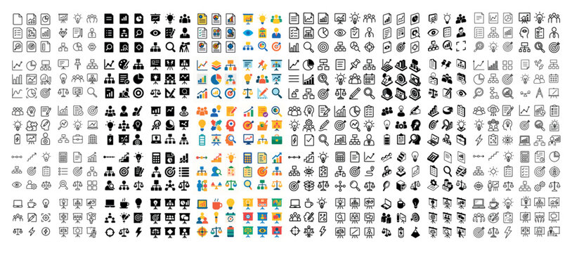 Interface icons with charts people and gears minimal
