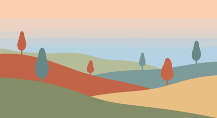 A minimalist landscape featuring rolling hills and stylized trees © Itachi