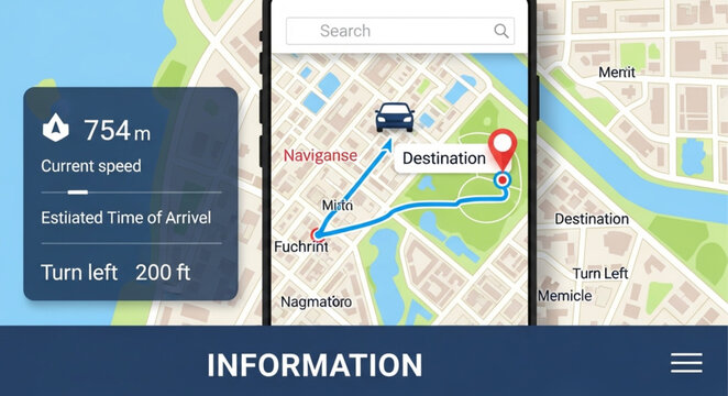 Navigation App Interface Displaying Route and Distance Information.