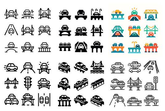 Transport icons with bridge car road minimal