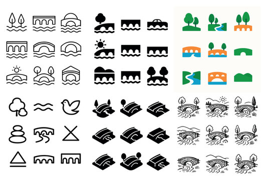 Landscape icons with bridge river trees flat